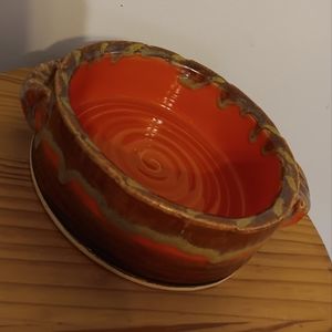 Art Pottery Orange & Brown/Tan Drip glaze dog or car bowl /soup turrine